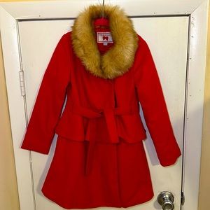 Red dress coat with faux fur collar